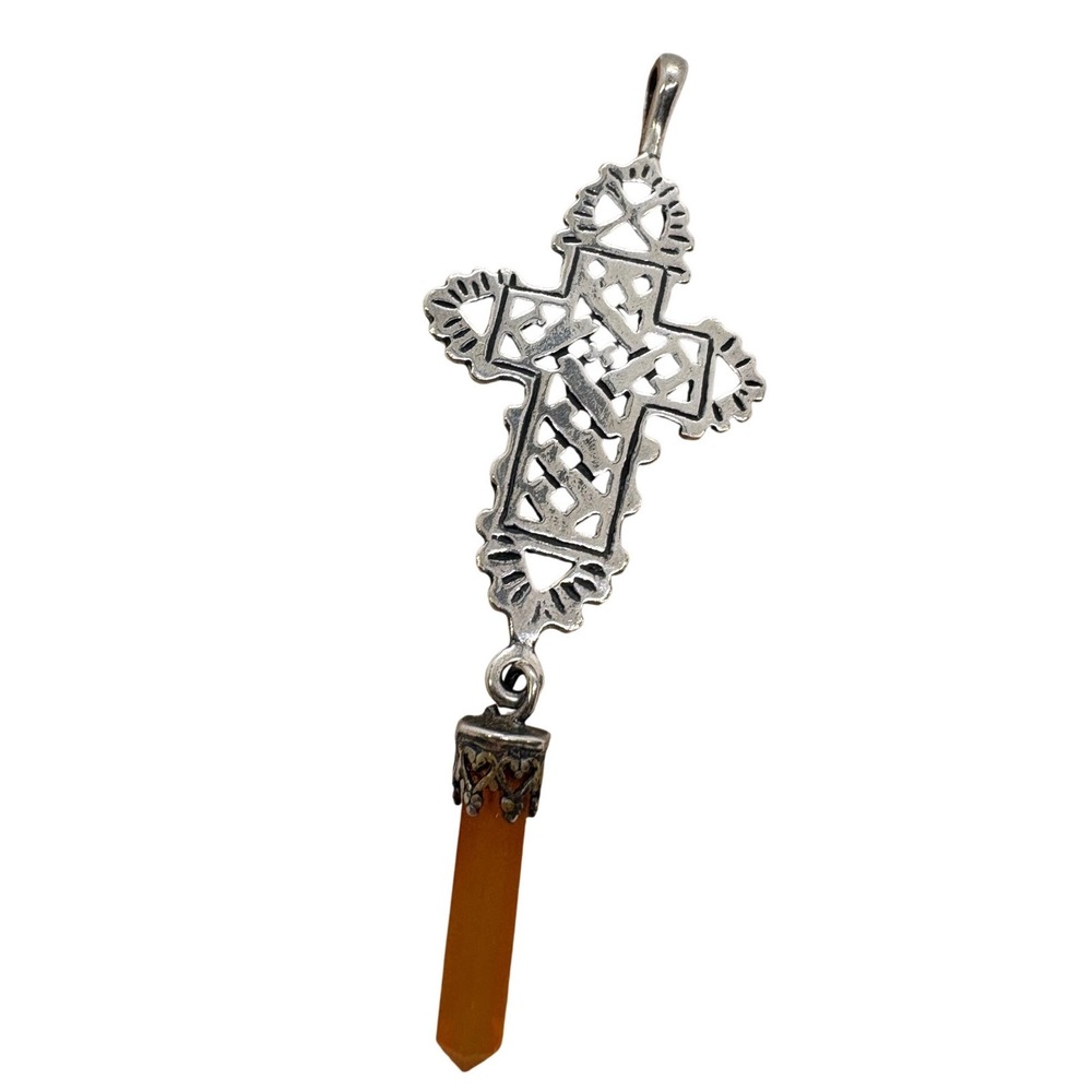 Vintage Sterling Silver 925 Ethiopian Coptic Cross Pendant Orange Stone Point